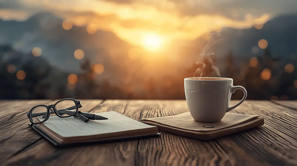 Morning workspace with notebook, pen and coffee